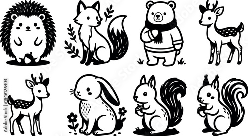 Cute black and white woodland animals vector art including hedgehog fox bear deer rabbit and squirrels with acorn and scarf