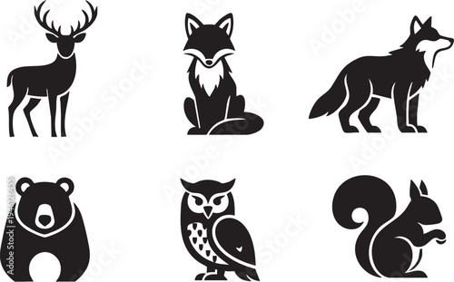 Black silhouettes of forest animals including deer fox wolf bear owl and squirrel in two rows