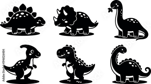 Cute black silhouette dinosaur vector art set including stegosaurus triceratops brontosaurus tyrannosaurus and parasaurolophus in playful poses