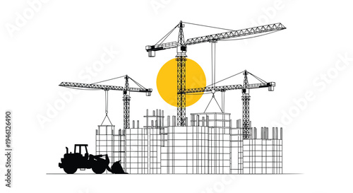 Vector illustration of construction site with cranes and building blocks