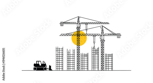 Vector illustration of construction site with cranes and building