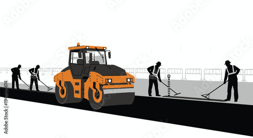 Vector illustration of road construction workers with roller
