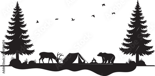 A wild silhouette of camels and a deer roaming through a sunset forest landscape featuring vector art animals and summer nature trees