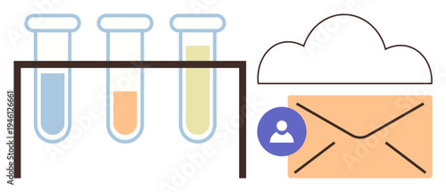 Science, data sharing, cloud technology, digital communication, laboratory research, email services. Test tubes on a rack alongside a cloud and envelope icon. Science and data sharing concept
