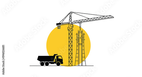 Vector illustration of construction crane and truck