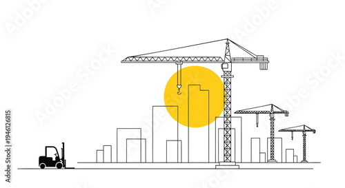Vector illustration of construction site with cranes and buildings