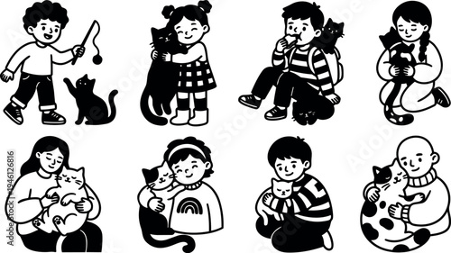 Black and white vector illustrations of children cuddling and playing with cats in various happy interactions and cozy moments
