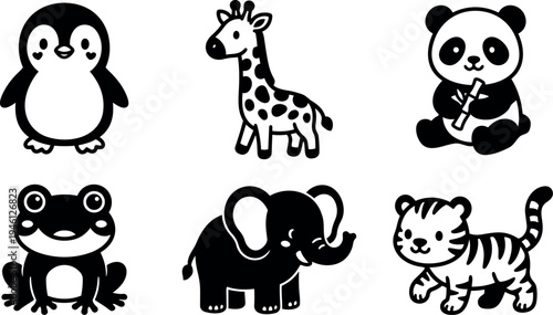Cute cartoon style black and white animal icons set with penguin giraffe panda frog elephant and tiger in vector art