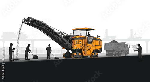 Vector illustration of road construction workers and heavy machinery