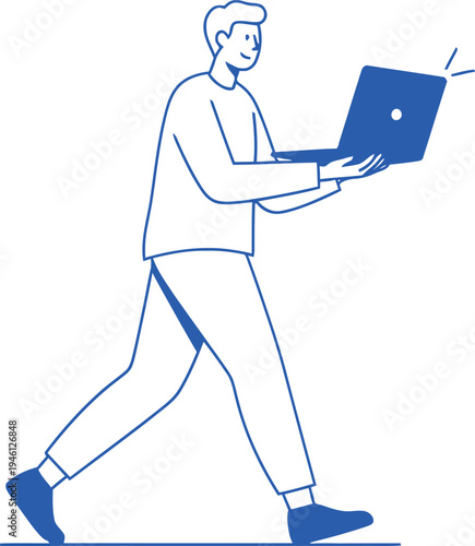 Person walking while carrying a laptop outdoors in casual attire Vector