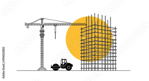 Vector illustration of construction site with crane, tractor and rebar
