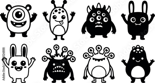 Cute cartoon monster characters with different eyes and expressions waving hands vector art set in black and white style friendly design