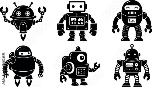 Set of six black retro style robot icons with various arm positions and different mechanical details in flat design vector