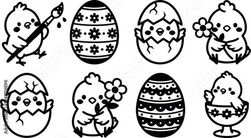 Cute cartoon chicks with decorated eggs and flowers in various poses for easter hand drawn black line art style