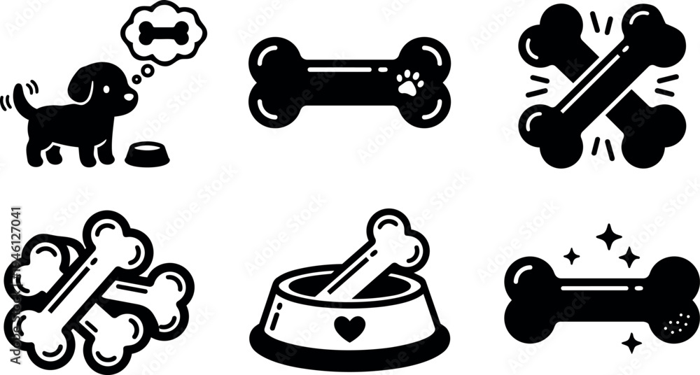 Fototapeta premium Black and white vector icons of cute dog with bone food bowl and multiple stylized bones in flat design style simple pet themed illustrations