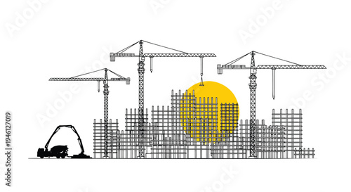 Vector illustration of construction site with cranes and building framework