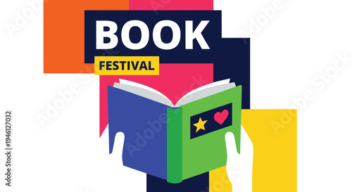 Vector illustration of book festival logo with colorful blocks and open book
