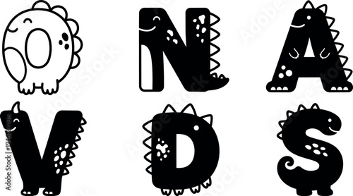 Cute dinosaur alphabet letters o n a v d s black and white vector art playful design with smiling faces and spikes
