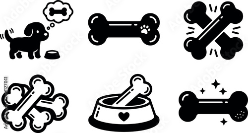 Black and white vector icons of cute dog with bone food bowl and multiple stylized bones in flat design style simple pet themed illustrations