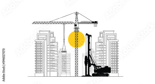 Vector illustration of construction site with crane and excavator
