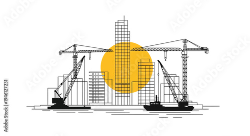 Vector illustration of city skyline with construction cranes