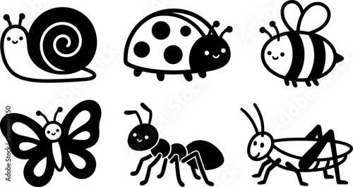 Cute smiling cartoon insect icons set with snail ladybug bee butterfly ant grasshopper simple vector art