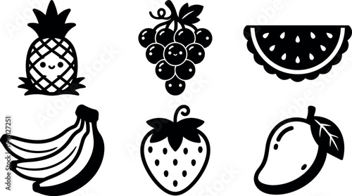 Cute kawaii style black silhouette vector icons of smiling pineapple grapes watermelon slice banana strawberry and mango fruits