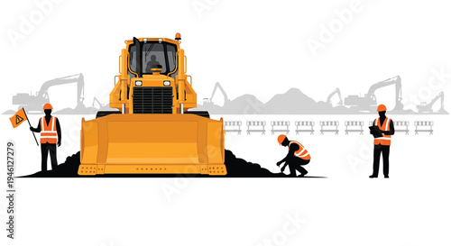 Vector illustration of construction workers with bulldozer and excavators