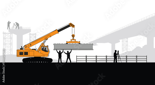 Vector illustration of construction site with crane and workers
