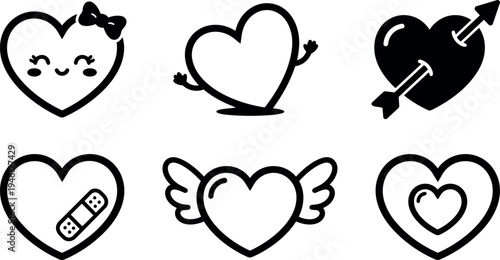 Cute smiling heart with bow waving happy outlined heart with arms pierced heart with arrow black heart with bandage winged heart and double heart vector icons