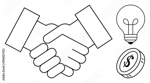 Business concept. Business handshake partnerships. Light bulb and dollar coin teamwork, ideas, and financial growth. For business strategy, innovation, teamwork, agreements and entrepreneurship