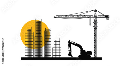 Vector illustration of cityscape with construction site, crane and excavator