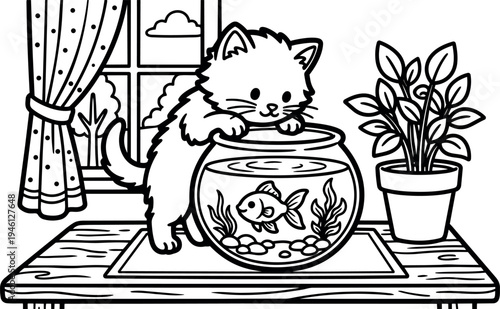 Cute fluffy kitten peeking into fish bowl with goldfish on wooden table near potted plant and window outdoors daytime