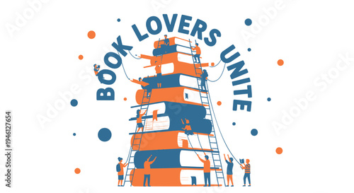 Vector illustration of book lovers unite logo with stacked books and people