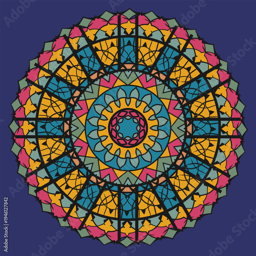 Multicolored mandala, design element or other. Yellow-pink-blue palette. Vector illustration