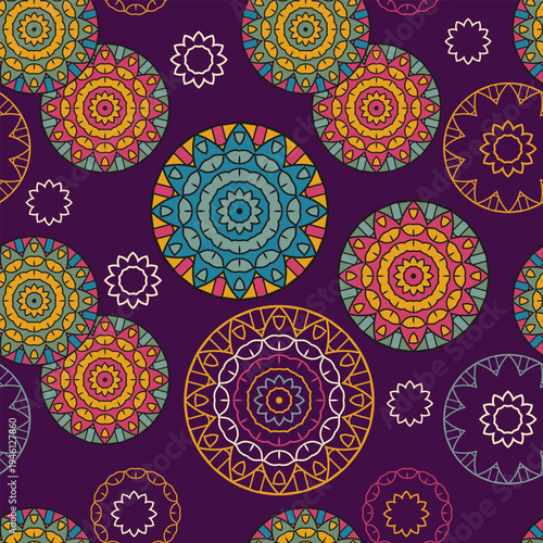 Seamless pattern with randomly arranged ornamental circles and other decorative elements. Purple background. Vector illustration
