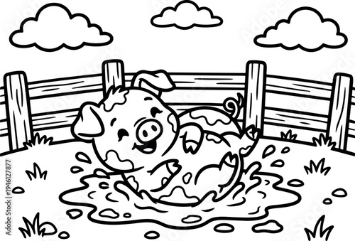 Playful piglet rolling in mud puddle with smiling face near wooden fence and fluffy clouds outdoor farm scene vector outline
