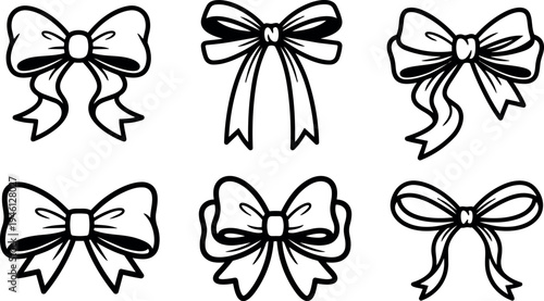 Hand drawn black and white line art bows collection six decorative vintage style ribbon designs with elegant flowing tails isolated