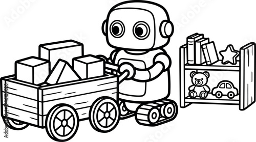 Black and white line art robot pushing cart filled with geometric blocks beside shelf with books and toys