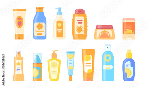 Sunscreen and sun protection cosmetic products collection in flat vector style with colorful bottles, tubes, and containers featuring sun symbols and spf skincare items