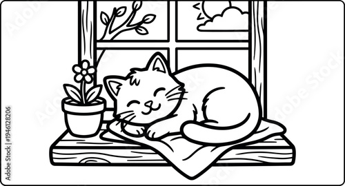 Cute smiling cat curled up sleeping on pillow on wooden window sill with potted flower outside sunny day vector art black and white