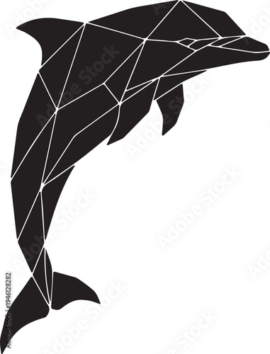 A geometric black silhouette of a dolphin leaping, featuring a modern, abstract polygonal design with crisp white outlines.