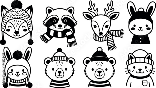 Cute black and white line art winter animals wearing hats and scarves including bear raccoon deer rabbit and cat heads