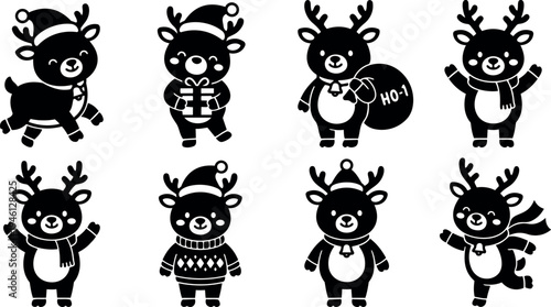 Cute black silhouette reindeer vector set in various festive poses with santa hats scarves gifts and christmas bells