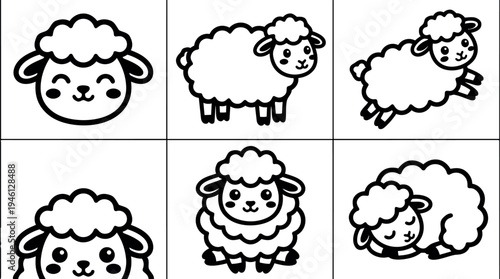 Cute monochrome flat design sheep icons showing smiling faces running standing and sleeping cartoon vector art