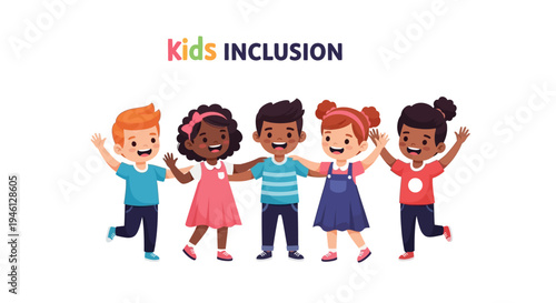 A diverse group of happy kids with Down syndrome and their friends playing together in a fun, cartoon illustration with a joyful atmosphere, promoting inclusion and friendship