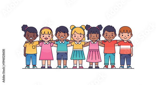 A diverse group of happy children standing together in a line with their arms around each other in a colorful cartoon illustration promoting friendship and unity with a joyful mood