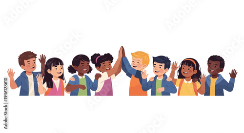 A diverse group of happy children and adults with Down Syndrome Day characters, smiling and playing together in a colorful illustration with a joyful atmosphere