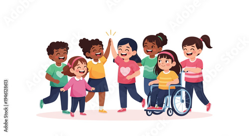 A diverse group of happy children with and without disabilities playing together in a fun and inclusive setting with colorful cartoon illustration
