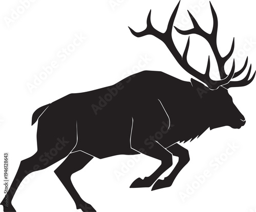 A majestic black silhouette of an elk with prominent, branched antlers, captured in a powerful, dynamic leaping motion on a white background.